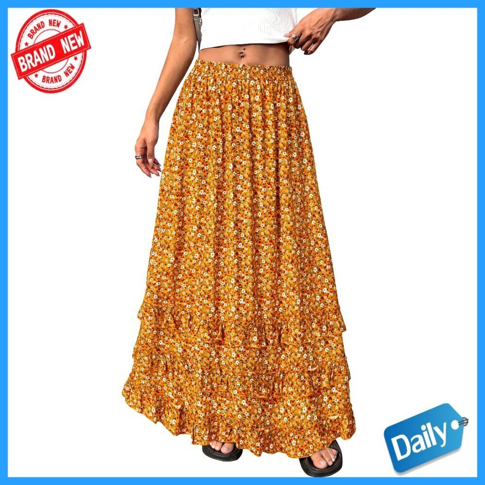 Floral Maxi Skirt A-Line High Waist Elastic Wedding Guest Vacation